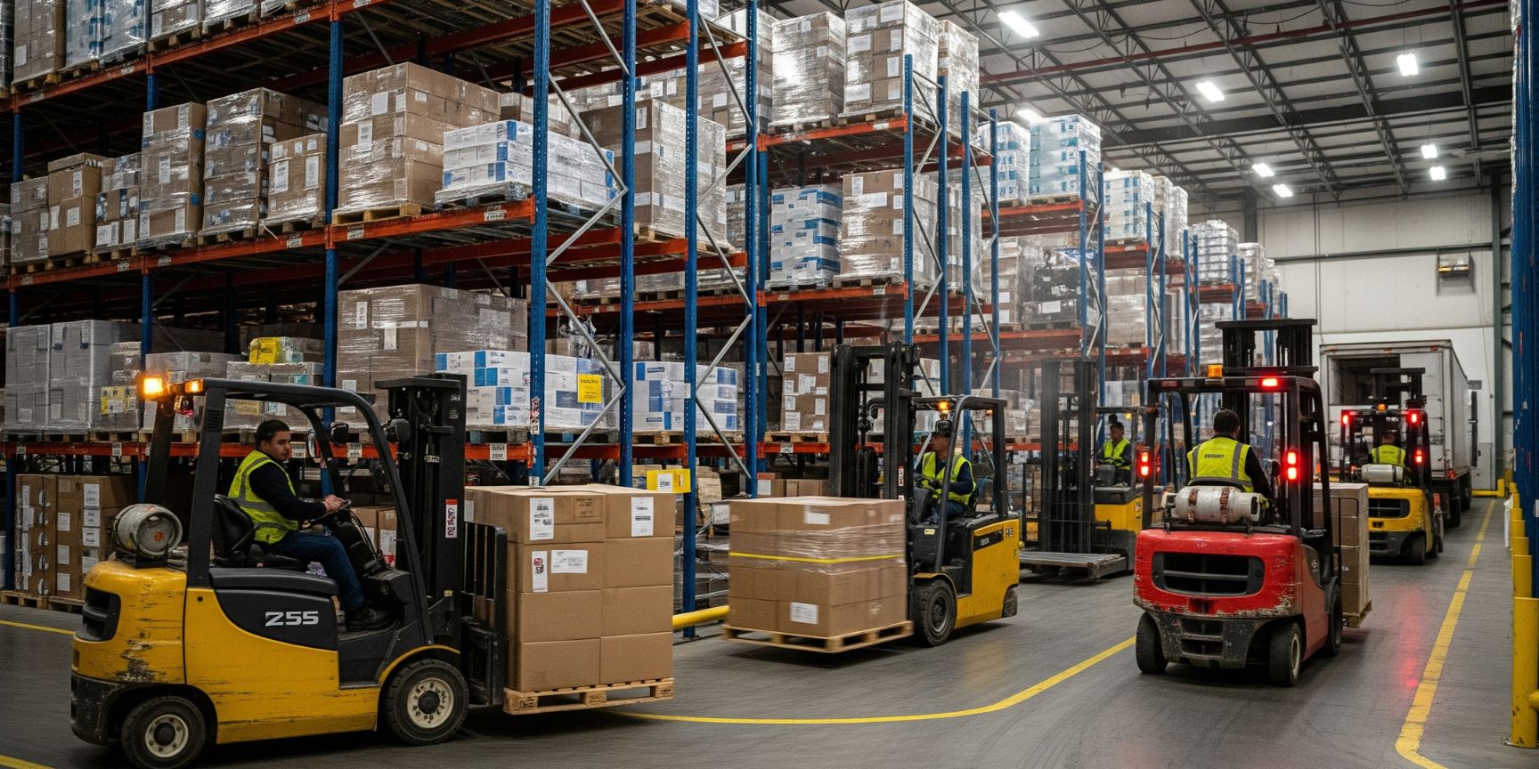 Gabelstapler in einem gut organisierten Hochregallager transportieren Paletten. Ein Kernprozess der Lagerhaltung und ein typisches Leistungsmerkmal der Kontraktlogistik.